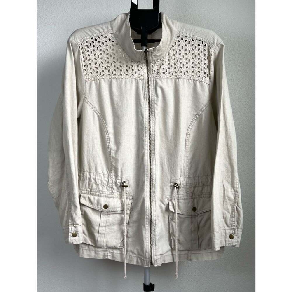 DressBarn Linen Blend Jacket 2X Beige Utility Safari‎ Lace Zip Lightweight